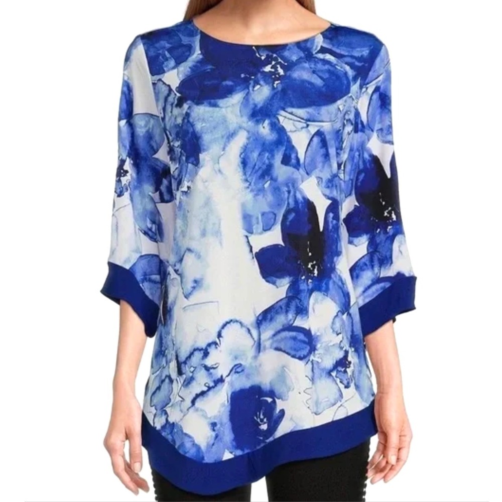 SLIM FACTOR Investments KNIT TUNIC TOP BLOUSE Blue/White Watercolor Floral SZ L